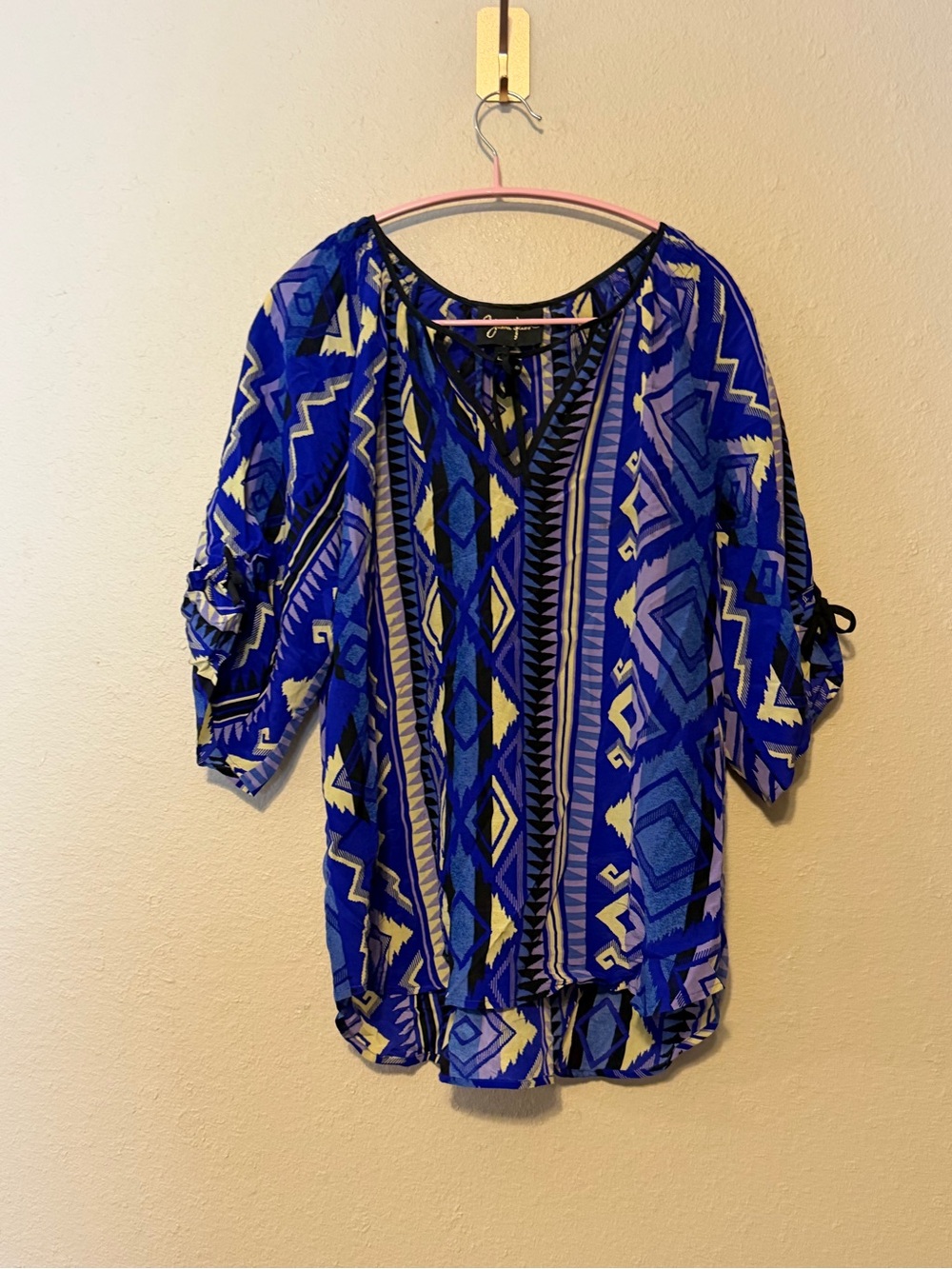 Yumi Kim Aztec Print Blue Silk Blouse Bow Tie‎ Sleeves Size Large